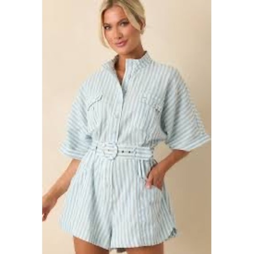 Prosperina Blue White Striped Belted Romper XS Cotton Blend‎ Short Sleeve